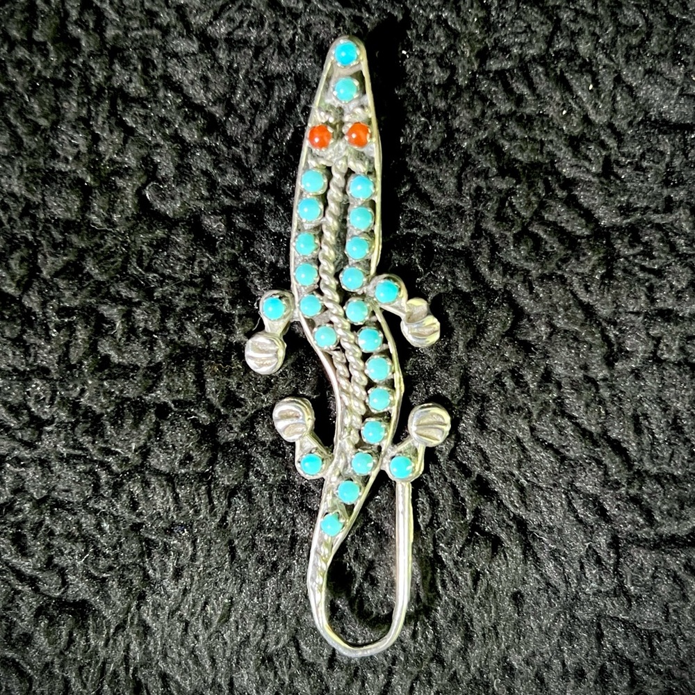 Turquoise and Silver Lizard with Coral Eyes Brooch with Pendant Loop